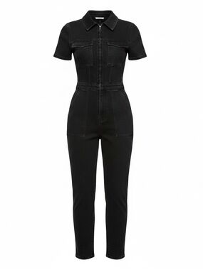 Good American Black Short-Sleeve Denim Jumpsuit with Zip Front